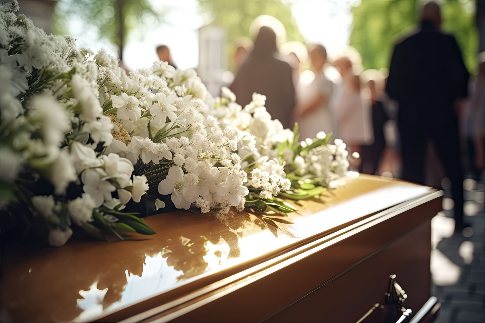 A reverent funeral scene, with a coffin decorated with flowers, showcasing funeral services.