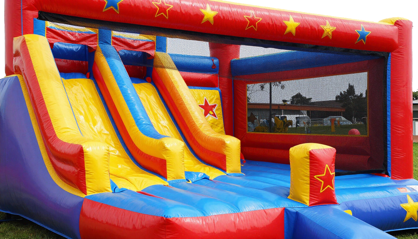 Colorful red, yellow, and blue inflatable bounce house with three slides outdoors