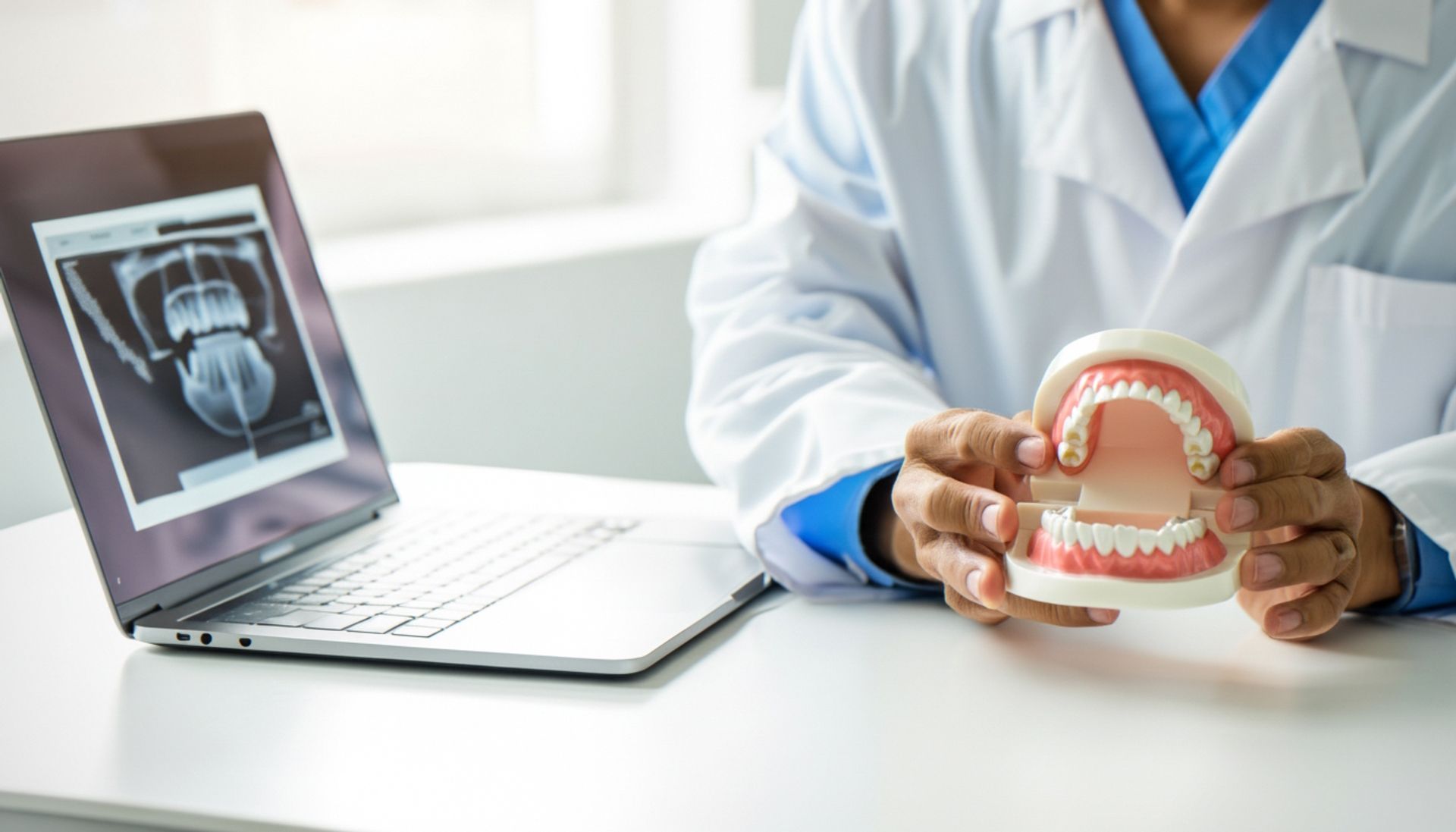 Dentist holding a dental model beside a laptop displaying a jaw X-ray in a bright clinic