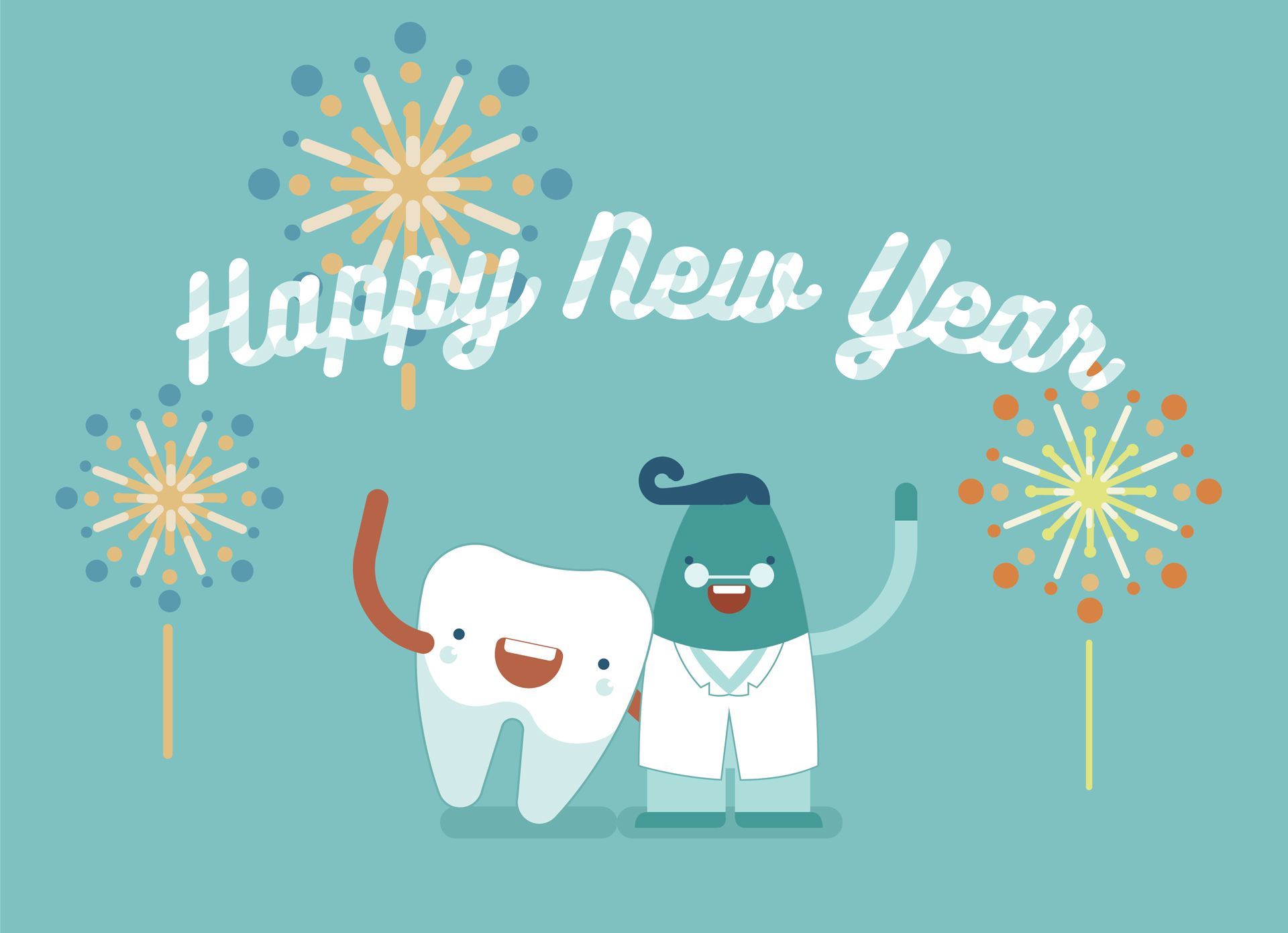 Two smiling cartoon teeth with fireworks and “Happy New Year” text on a teal background