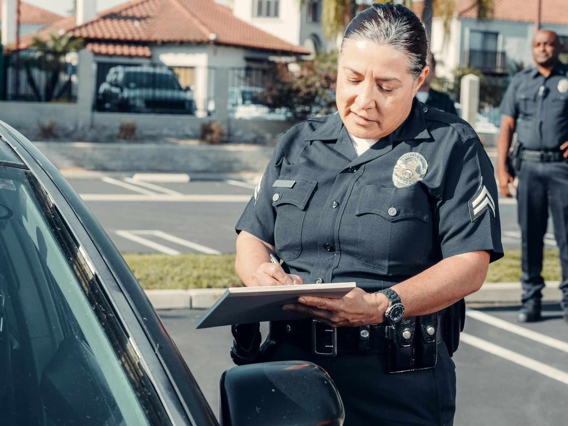 Police officer writing a citation next to a car, another officer stands behind. Sunny outdoor setting.