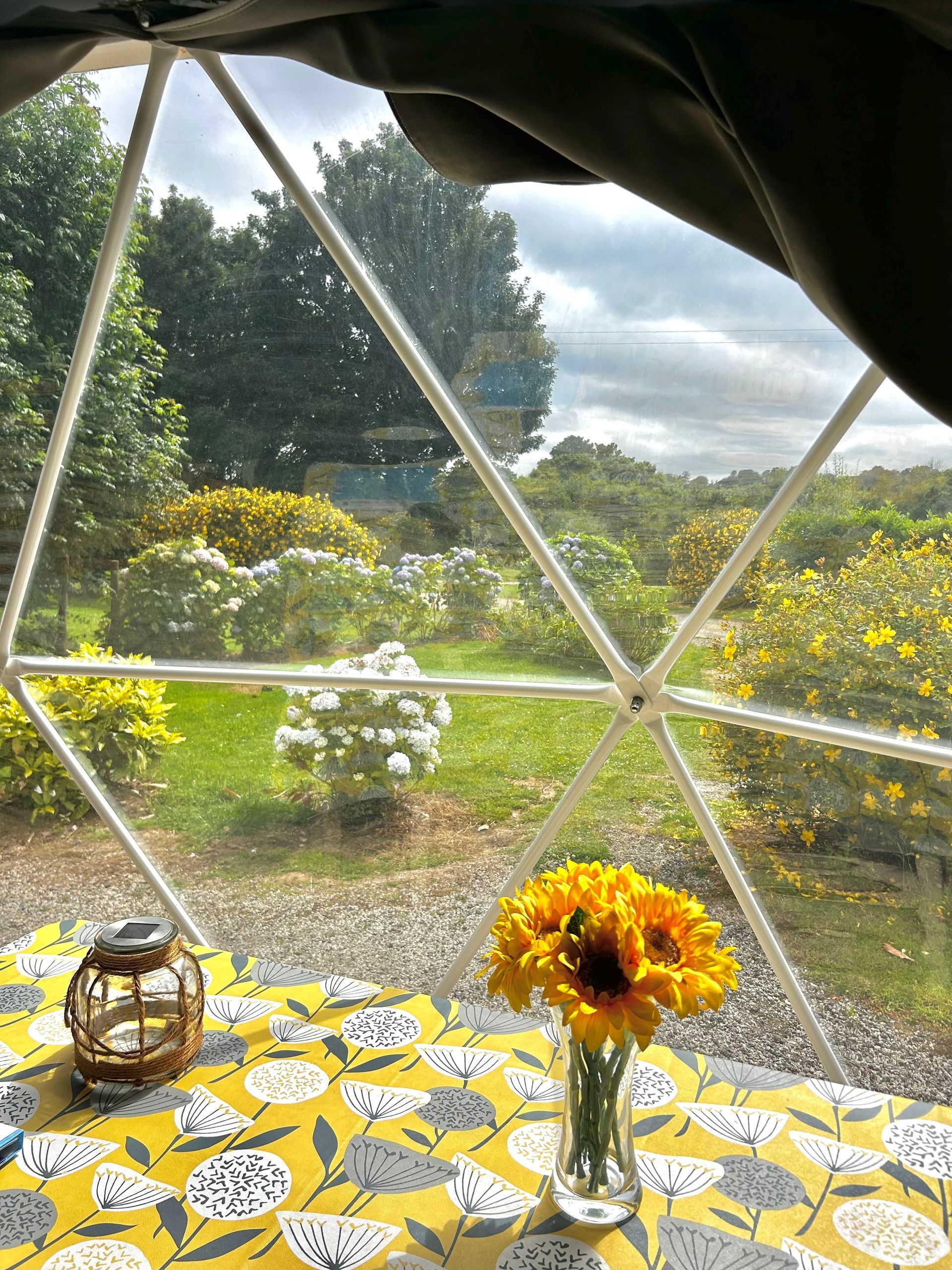 A bouquet of yellow sunflowers sits on a yellow patterned tablecloth inside a geodome, overlooking a green garden.