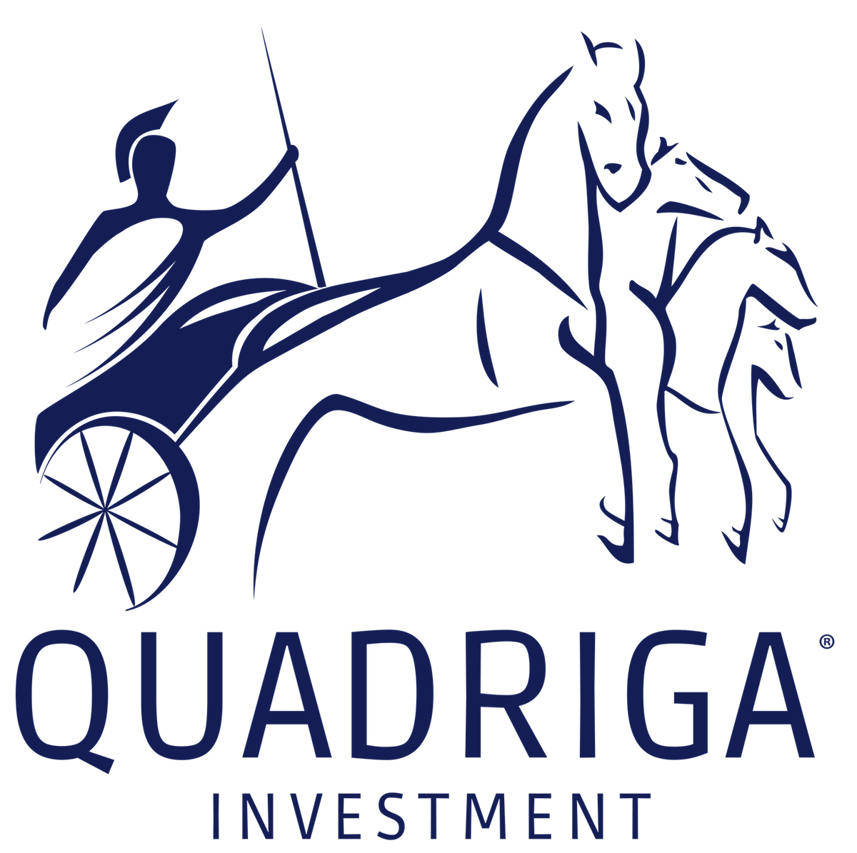 Ein blaues Logo für Quadriga Investment mit einer Pferdekutsche