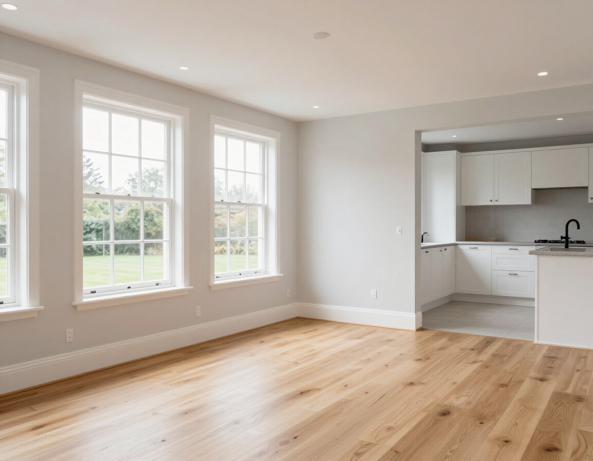 Bright empty living room with hardwood floors, large windows, and an open kitchen nook