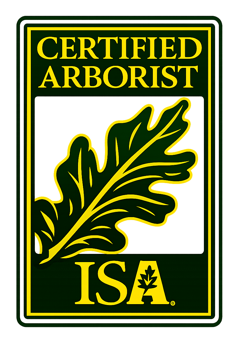 Certified Arborist ISA logo: green, gold, white. Oak leaf over ISA.
