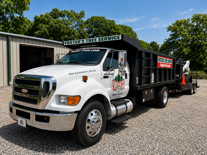 White flatbed tow truck parked on gravel beside a building, with a boom and orange traffic cones on the back