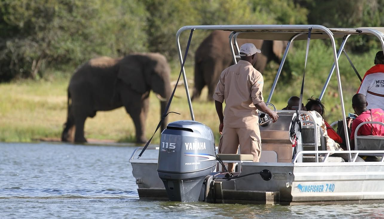Group of safari tourists taking selfie from pop-up roof