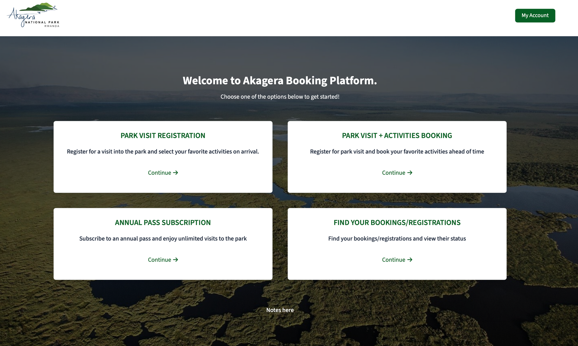 Akagera booking platform homepage with four registration options
