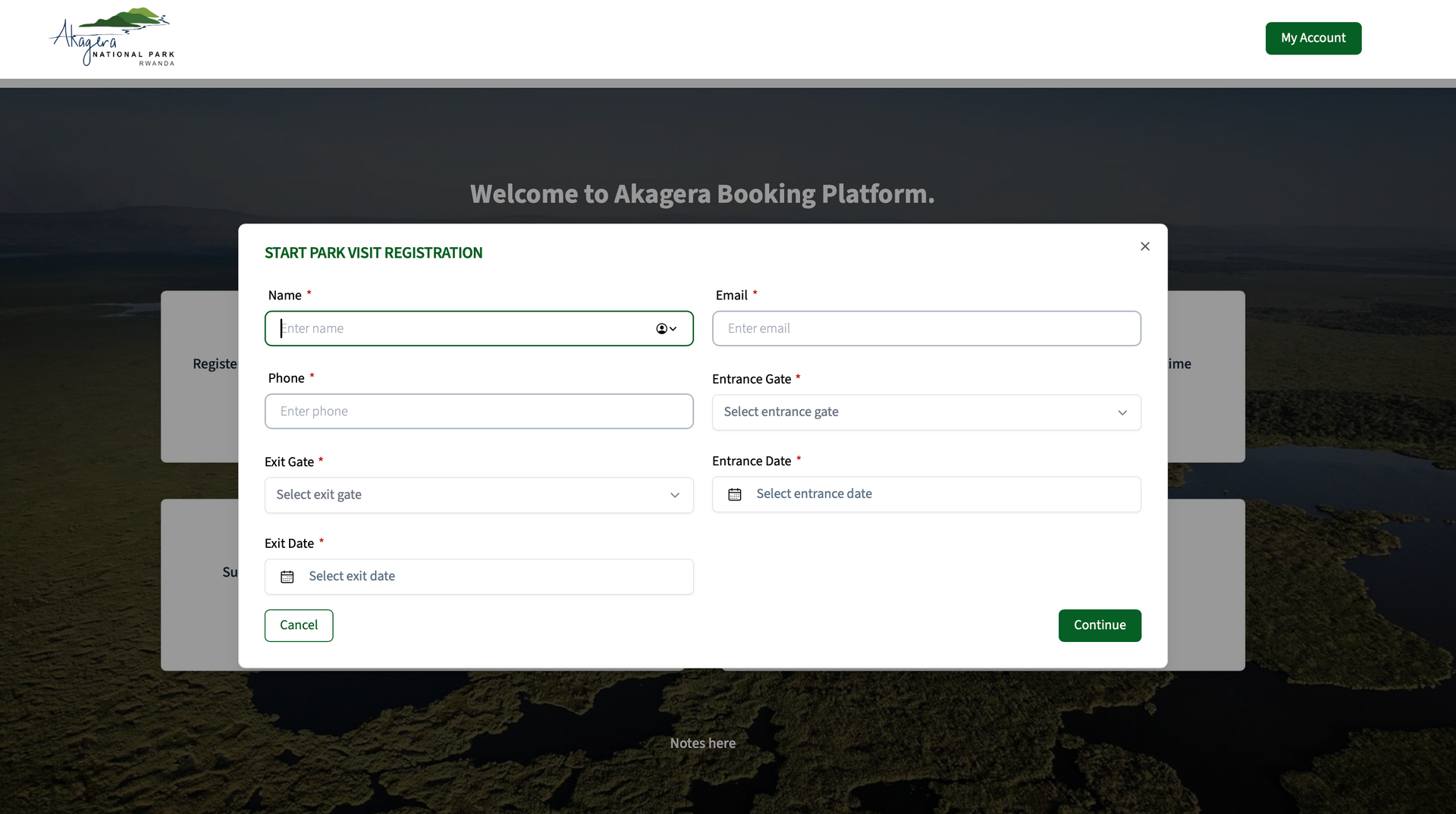 Step 2: Park Visit Registration pop-up form with visitor and date fields