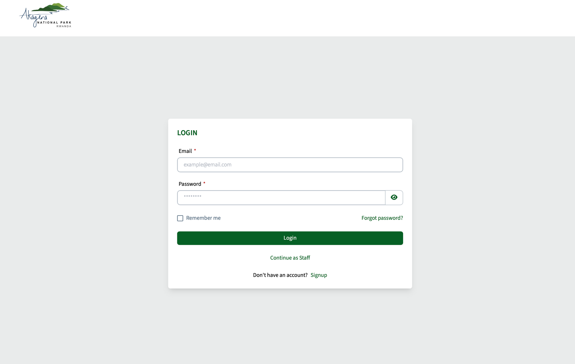 Step 3: Akagera booking platform login and signup page