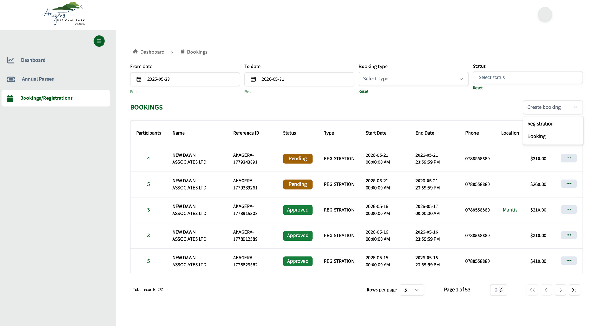 Bookings/Registrations dashboard with Registration and Booking options