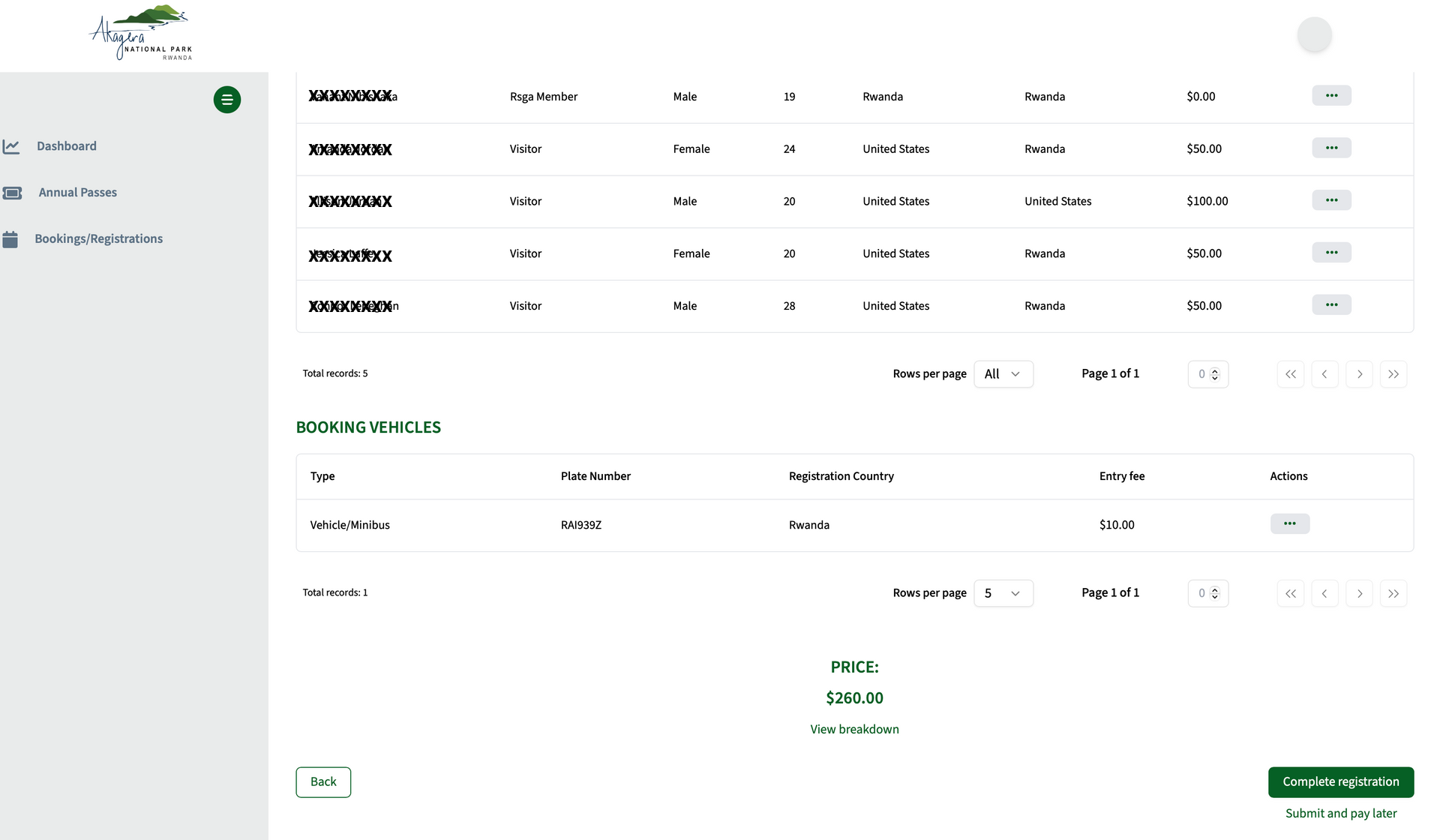 Registration summary showing participants, vehicle and total price
