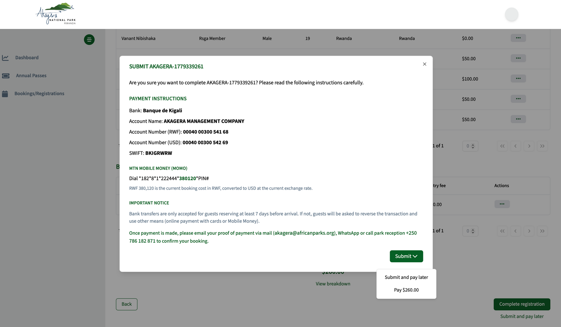 Payment instructions modal with Submit and Pay Later option
