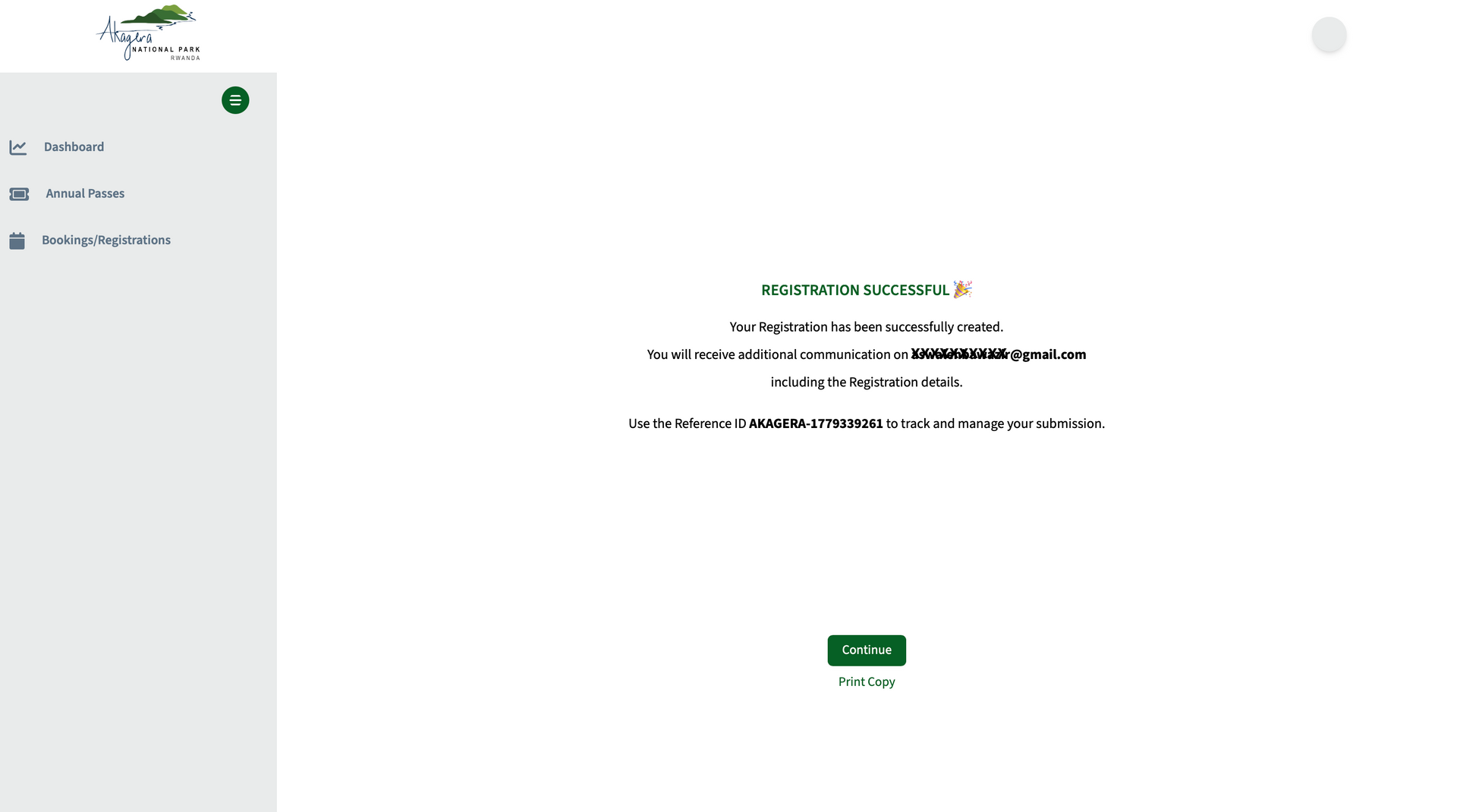 Registration successful screen with reference number and print option