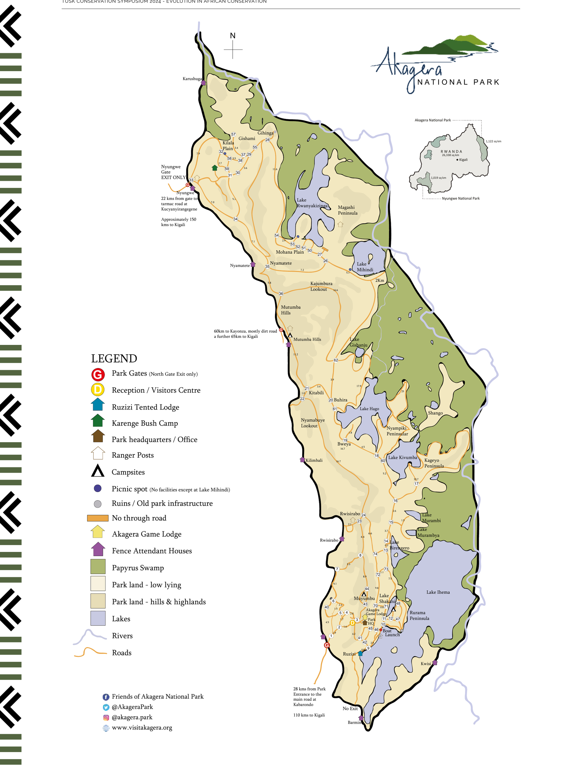 Map of Akagera National Park showing park gates, reception, lodges, and roads