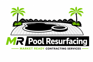 MR Pool Resurfacing logo with a gray pool, palm trees, and the tagline “Market Ready Contracting Services”