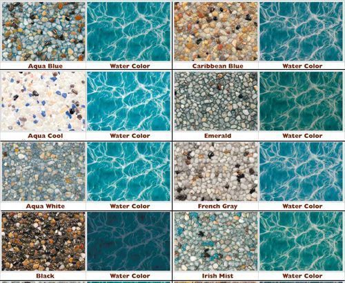 Pool finish swatches labeled Aqua Blue, Aqua Cool, Aqua White, Black, Cordovan Blue, Emerald, French Gray, and Irish Mist
