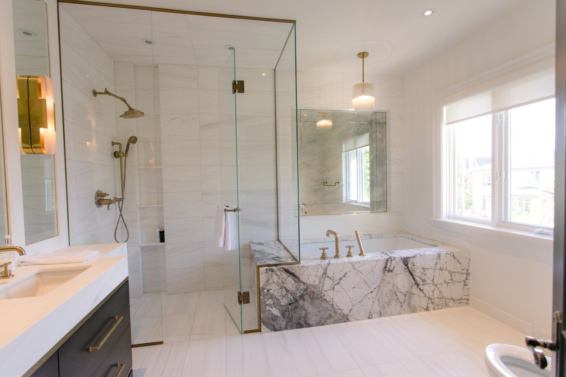 INTERIOR OF BATHROOM IN SUBURBAN HOME.
