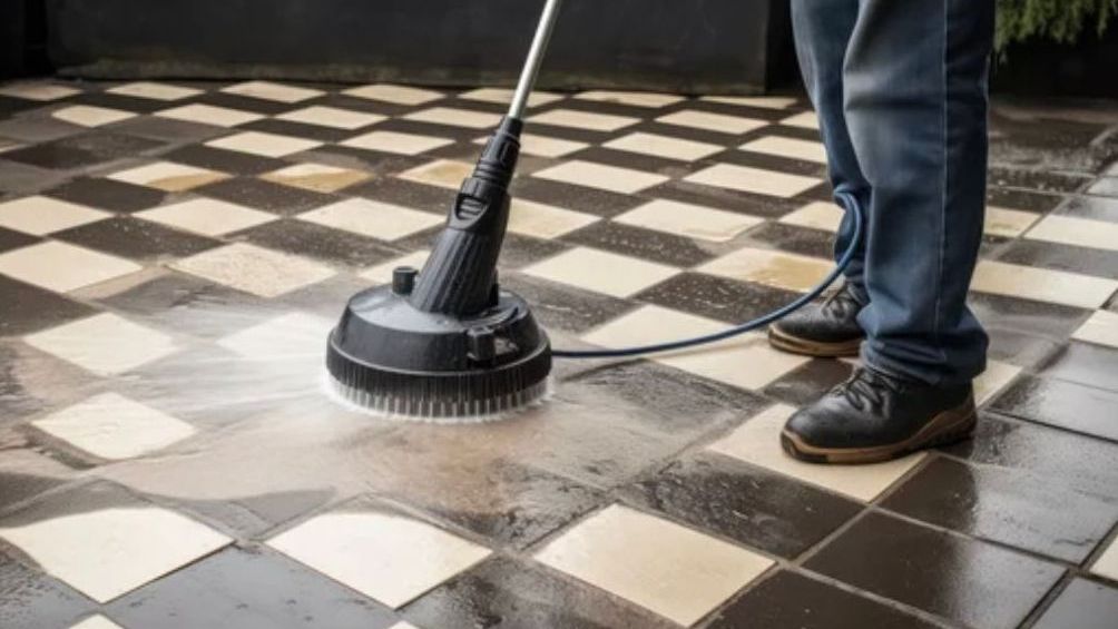 A man is cleaning a tiled floor with a high pressure washer.