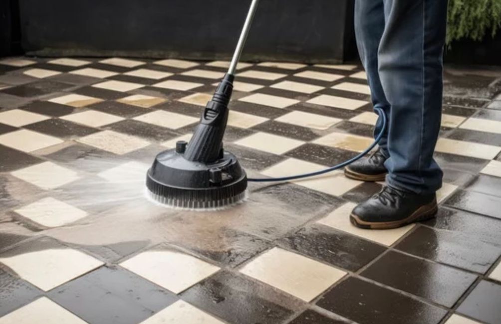 A man is cleaning a tiled floor with a high pressure washer.
