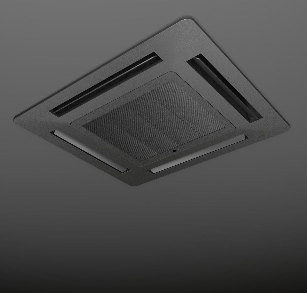 Ceiling-mounted square air vent with dark gray louvers and a central filter panel