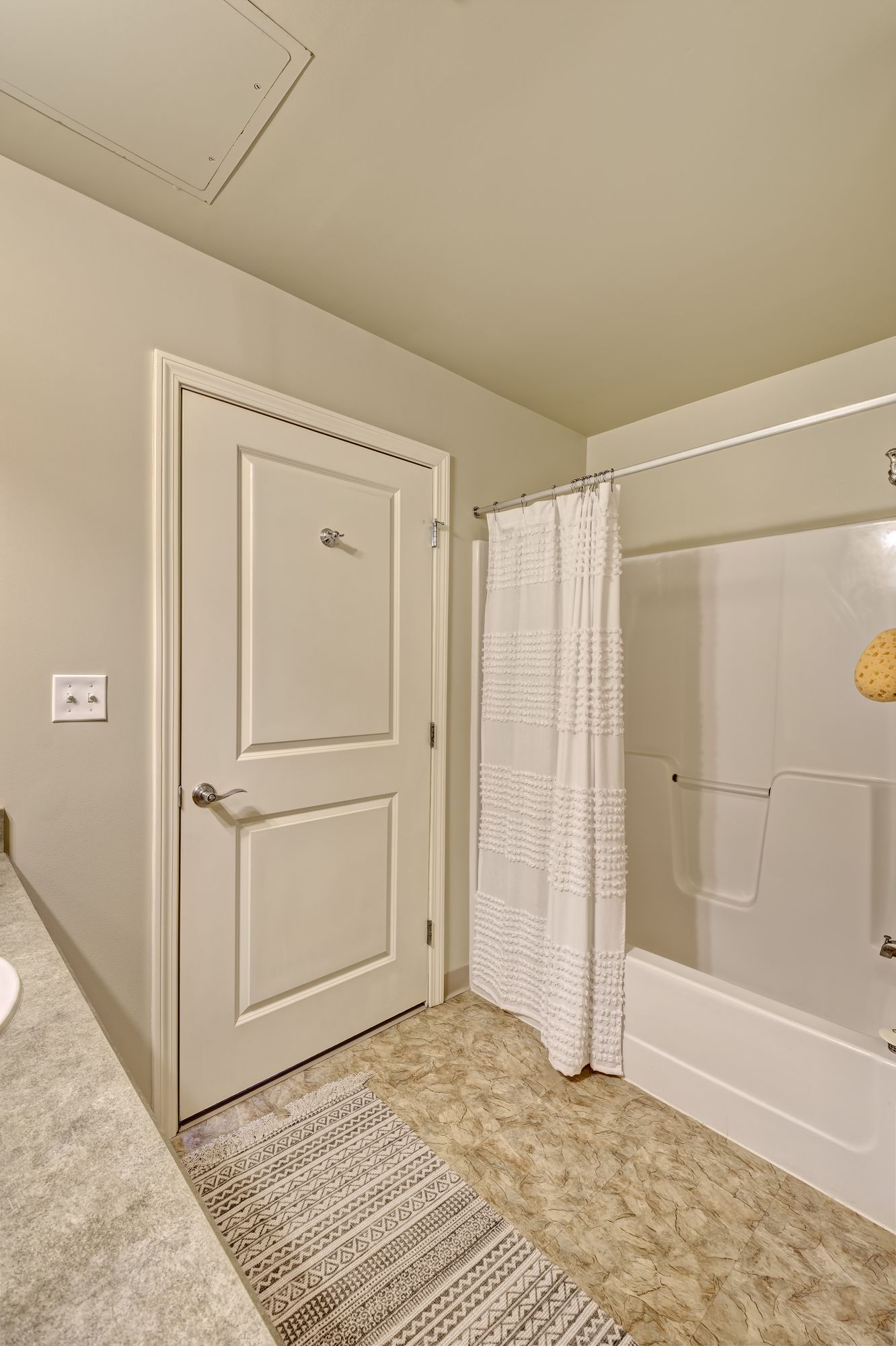 A bathroom with a closed door, a shower with a curtain, and a patterned rug. The walls are light colored.