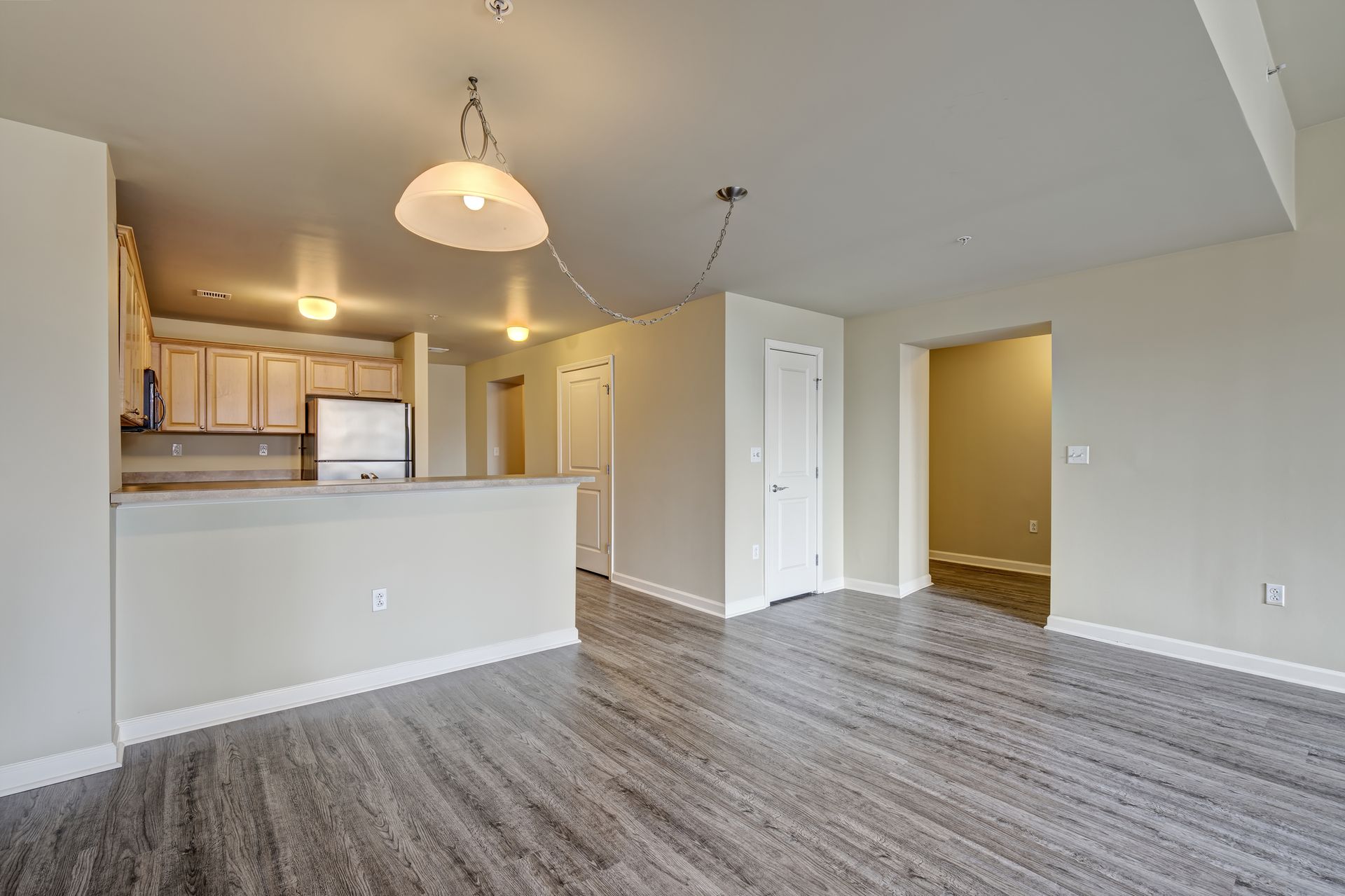 An open-concept living space with a kitchen, light wood cabinets, and grey wood-look flooring. Two hanging lights are visible.