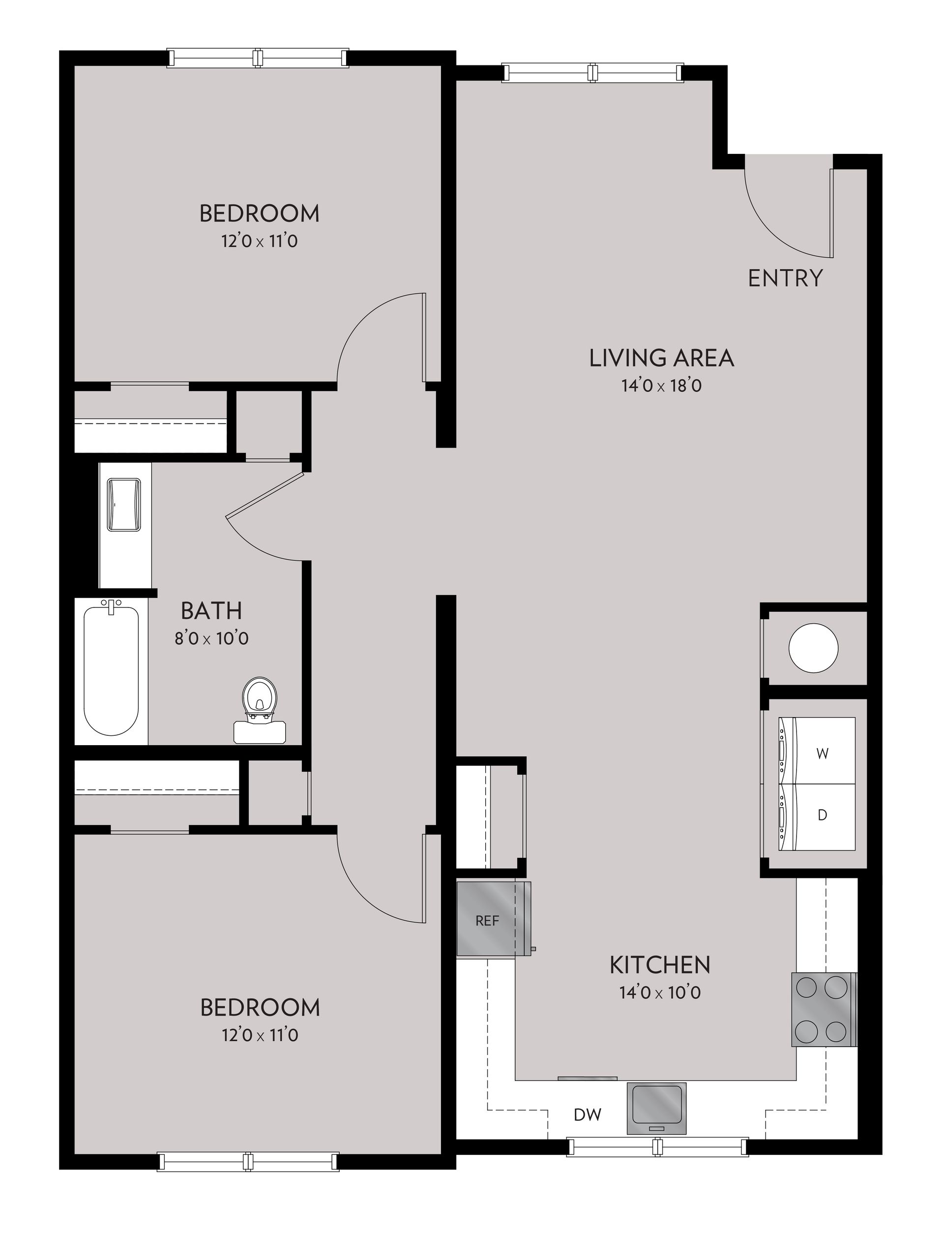 Floor plan of a two-bedroom apartment with a living area, kitchen, and bathroom. Gray-filled rooms are outlined in black.