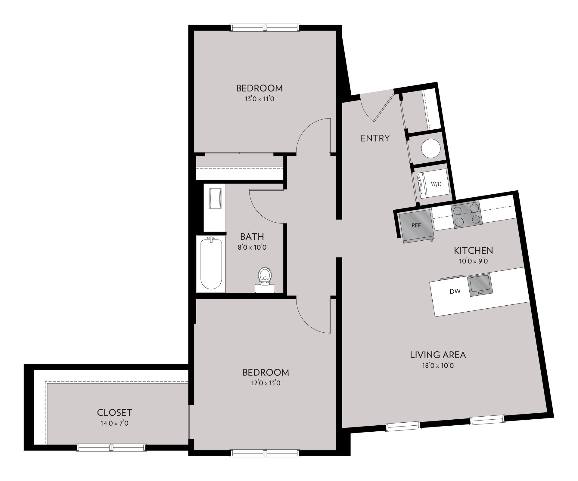 Floor plan of an apartment featuring two bedrooms, a bathroom, a kitchen, and a living area. There is also a closet and entry.