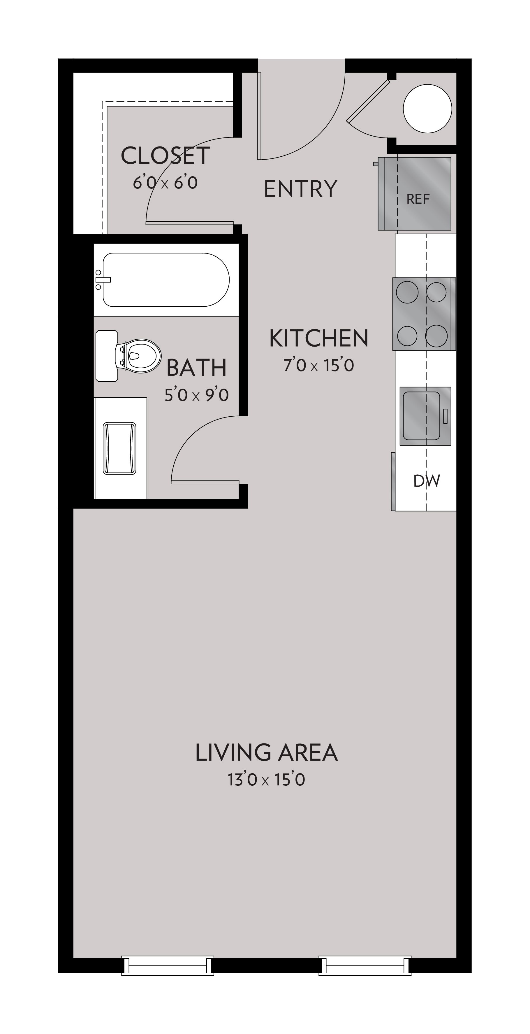 Floor plan of a small studio apartment. Features include a living area, kitchen, bathroom, closet, and entry.