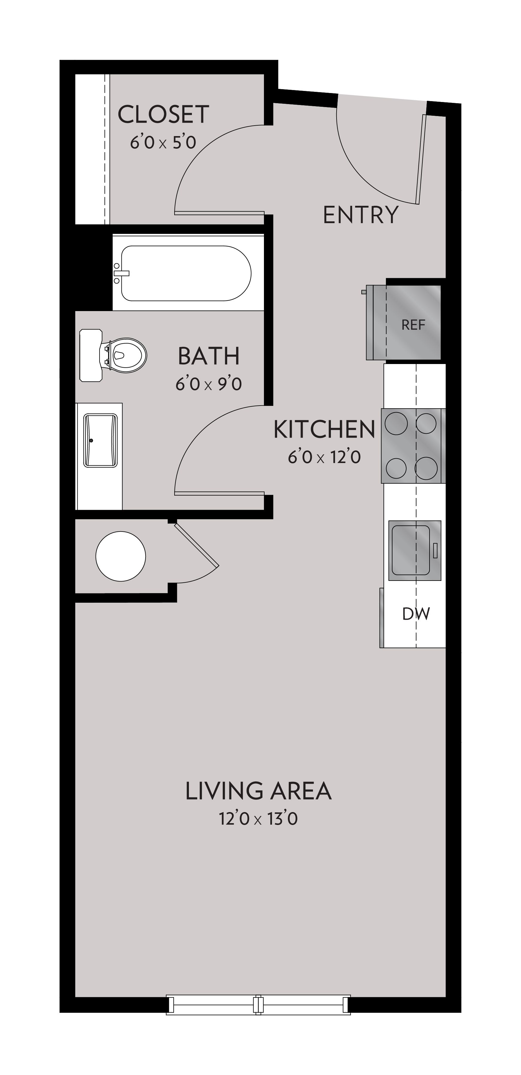 Floor plan of a small apartment with a living area, kitchen, bathroom, and closet. Light gray walls with black outlines.