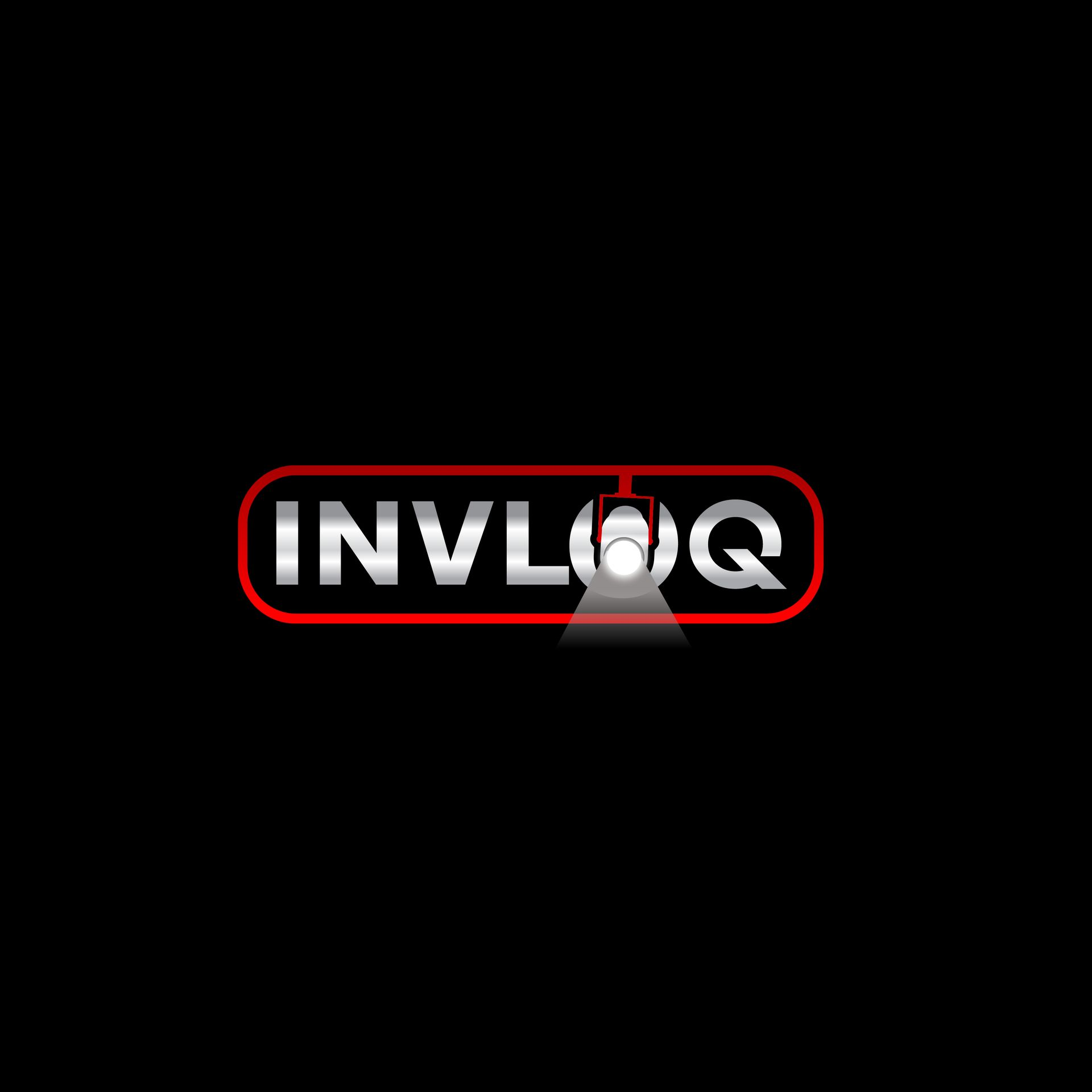 INVIQ-logo in wit en rood op een zwarte achtergrond, met een spotlight-effect in het midden.