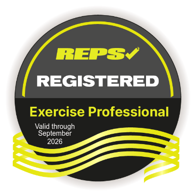 Benefits of using REPs REPS Registered Exercise Professional badge, black and yellow, valid through September 2026.