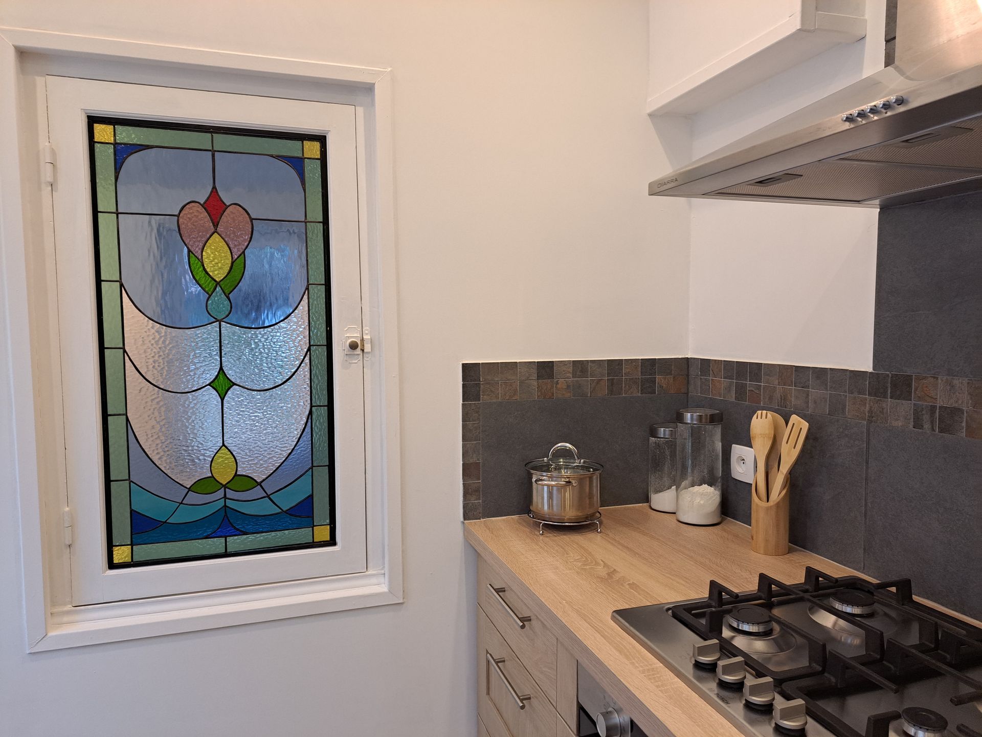 stained glass window in a kitchen