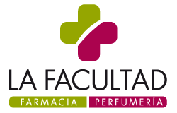 The logo for la facultad farmacia perfumeria has a green and pink cross on it.