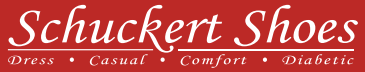 Schuckert Shoes logo on red background, with white script and tagline: Dress, Casual, Comfort, Diabetic