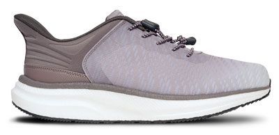 Side view of a light gray athletic sneaker with white sole and purple accents