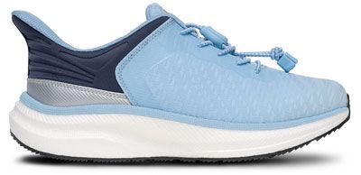 Light blue athletic sneaker with navy heel and white sole, shown in side view