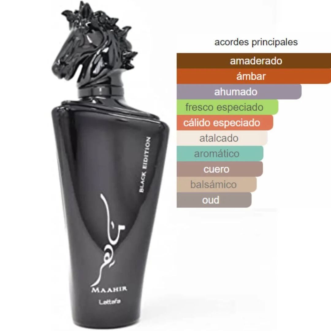 Caja y frasco de perfume Black Maahir Black Edition con tapón de cabeza de caballo negro.