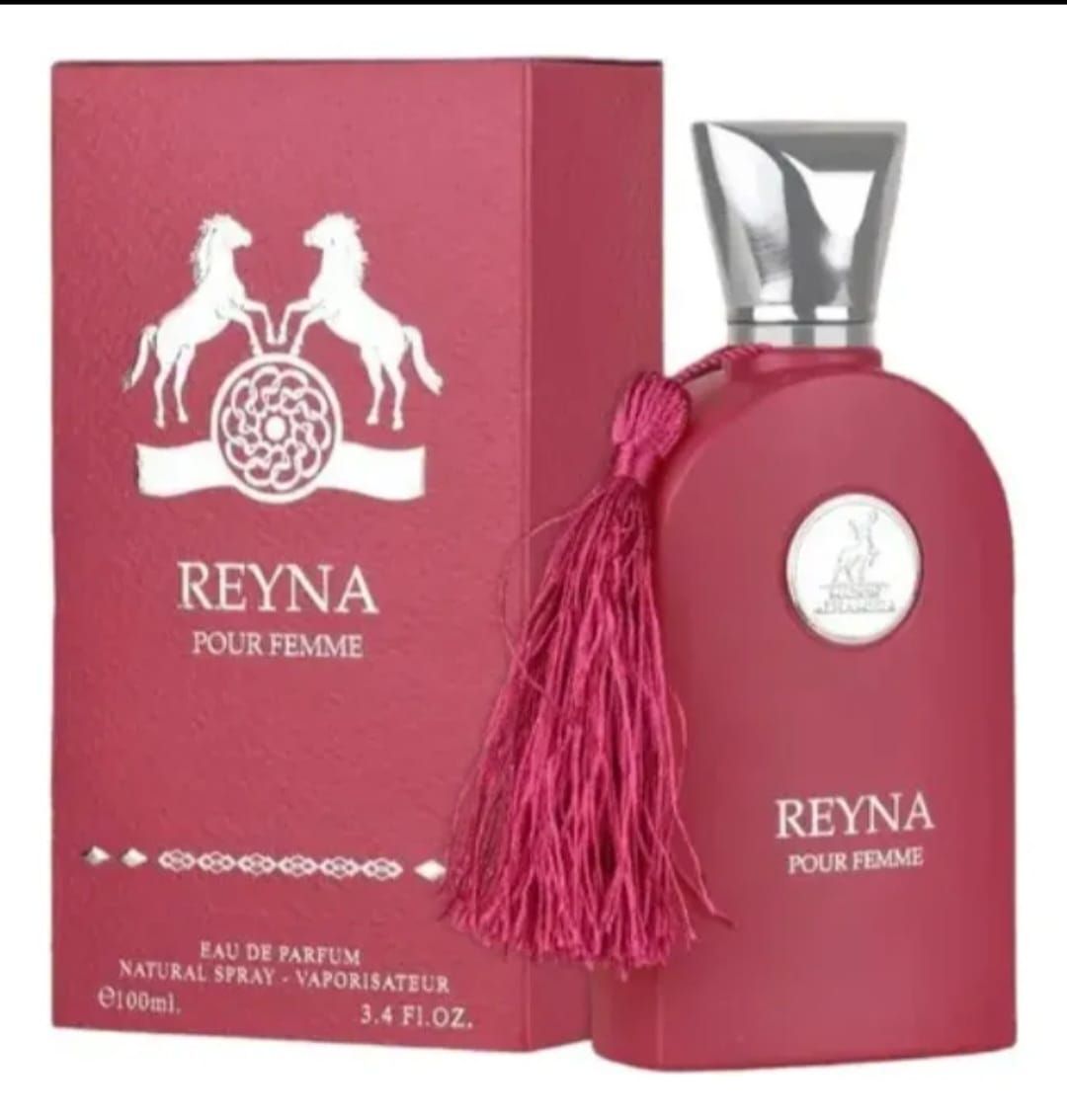 Caja y frasco de perfume Pink Reyna Pour Femme con tapón y borla plateados.