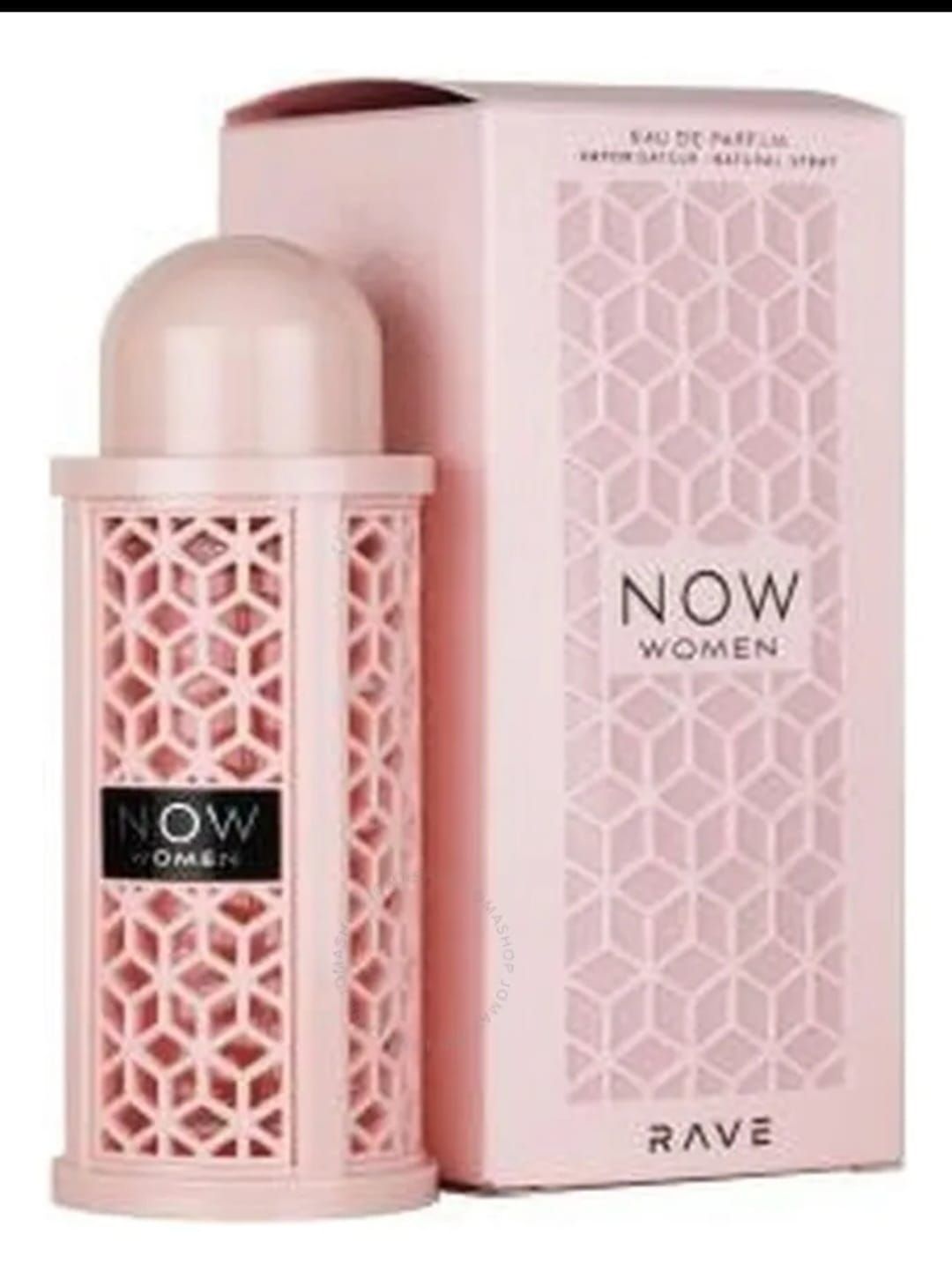 Frasco de perfume Pink NOW para mujer junto a su caja de embalaje a juego.