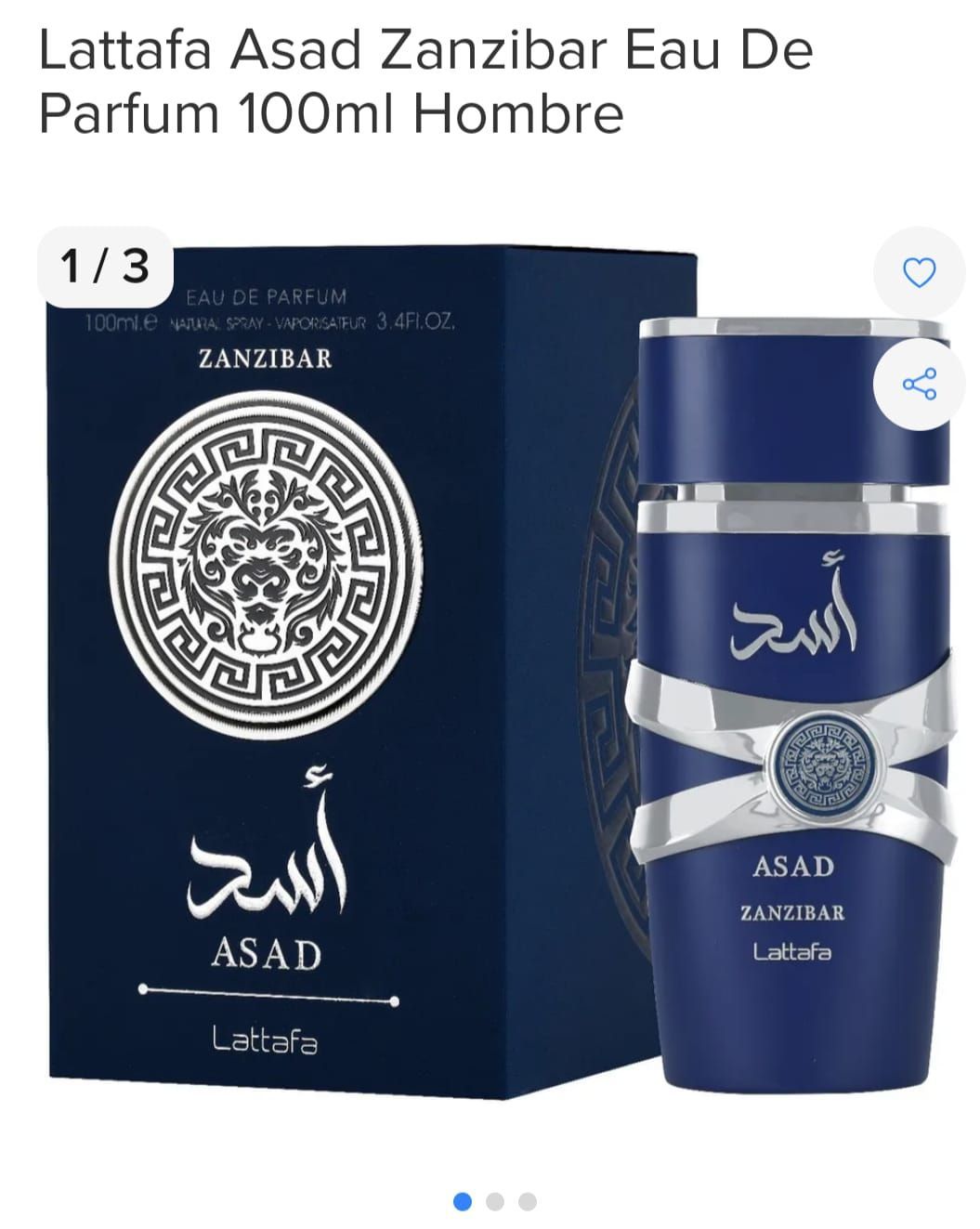 Lattafa Asad Zanzibar Eau De Parfum, frasco y caja azul oscuro con detalles plateados.