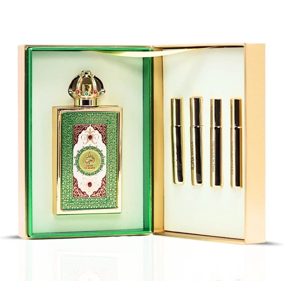 Frasco de perfume árabe verde y dorado y caja a juego con detalles florales rojos ornamentados.