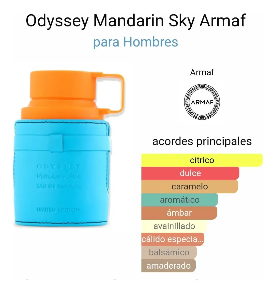Botella de perfume Odyssey Mandarin Sky con acentos azules y naranjas, con caja a juego.