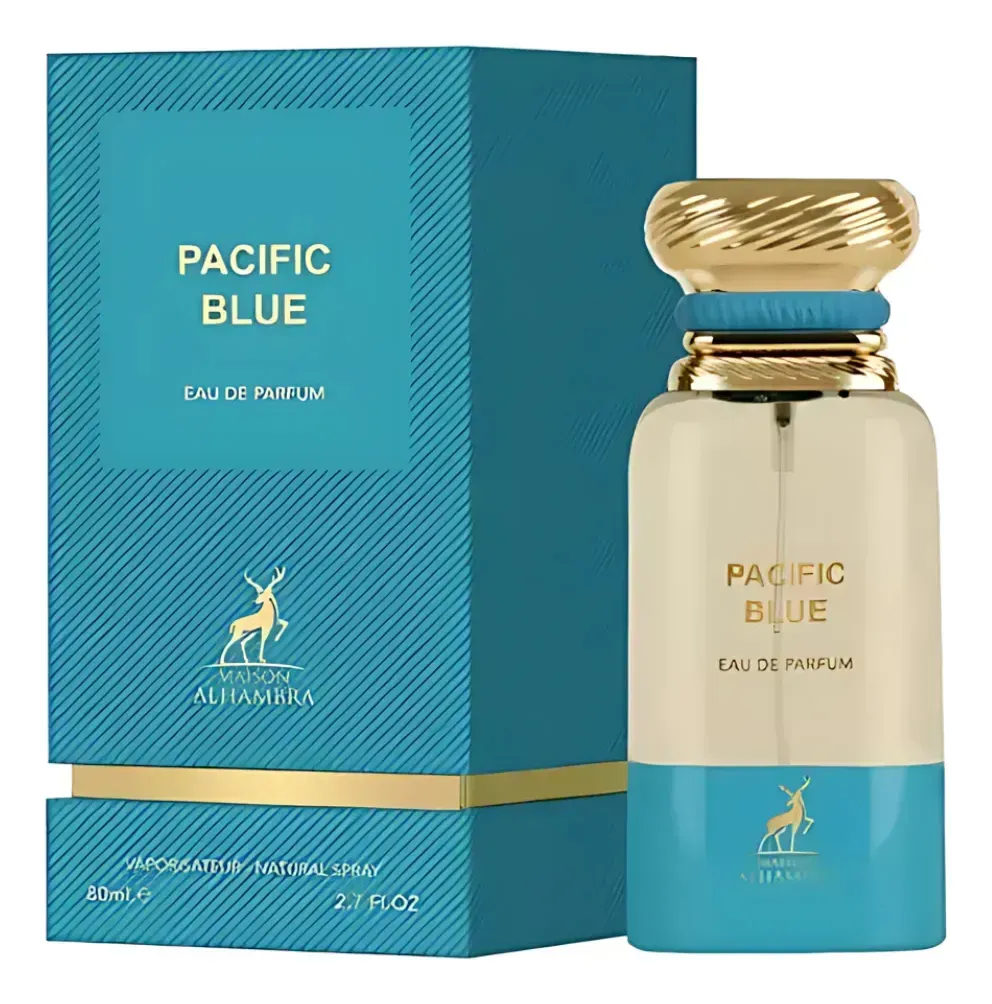 Frasco y caja de Eau de Parfum PACIFIC BLUE en un envase de color verde azulado y dorado.
