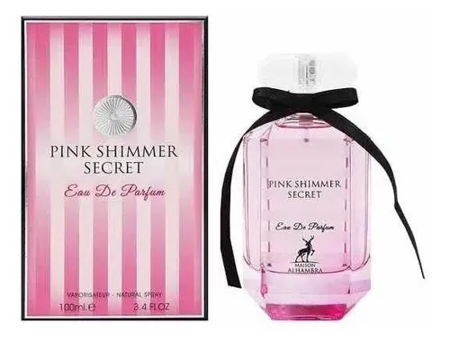 Frasco de Eau de Parfum Pink Shimmer Secret y caja a rayas rosas con lazo de cinta negra.