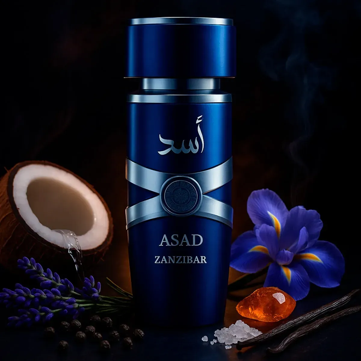 Frasco de perfume azul ASAD Zanzibar con medio coco, flor morada, cristales y vainas de vainilla sobre un fondo oscuro.