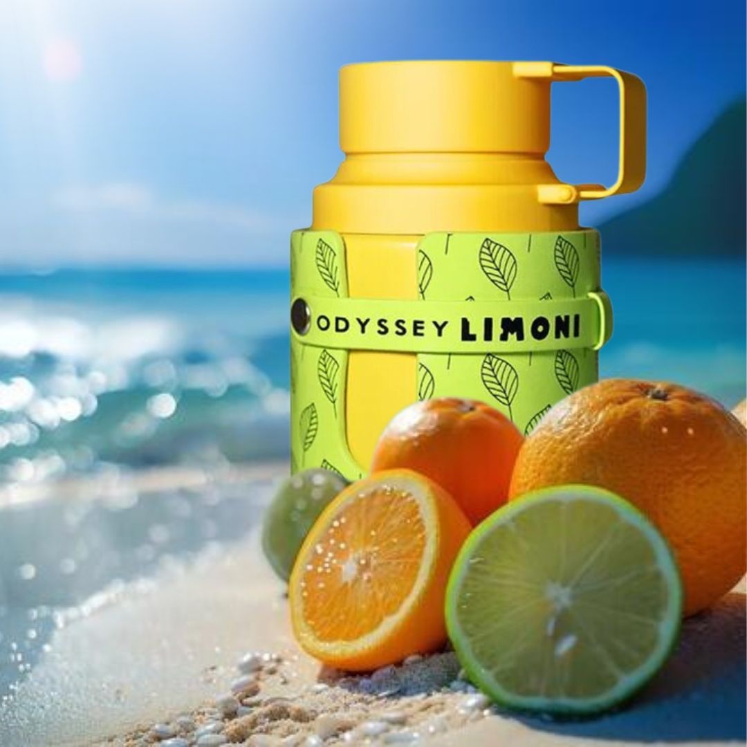 Bebida Odyssey Limoni con frutas, jengibre y fondo de atardecer colorido.