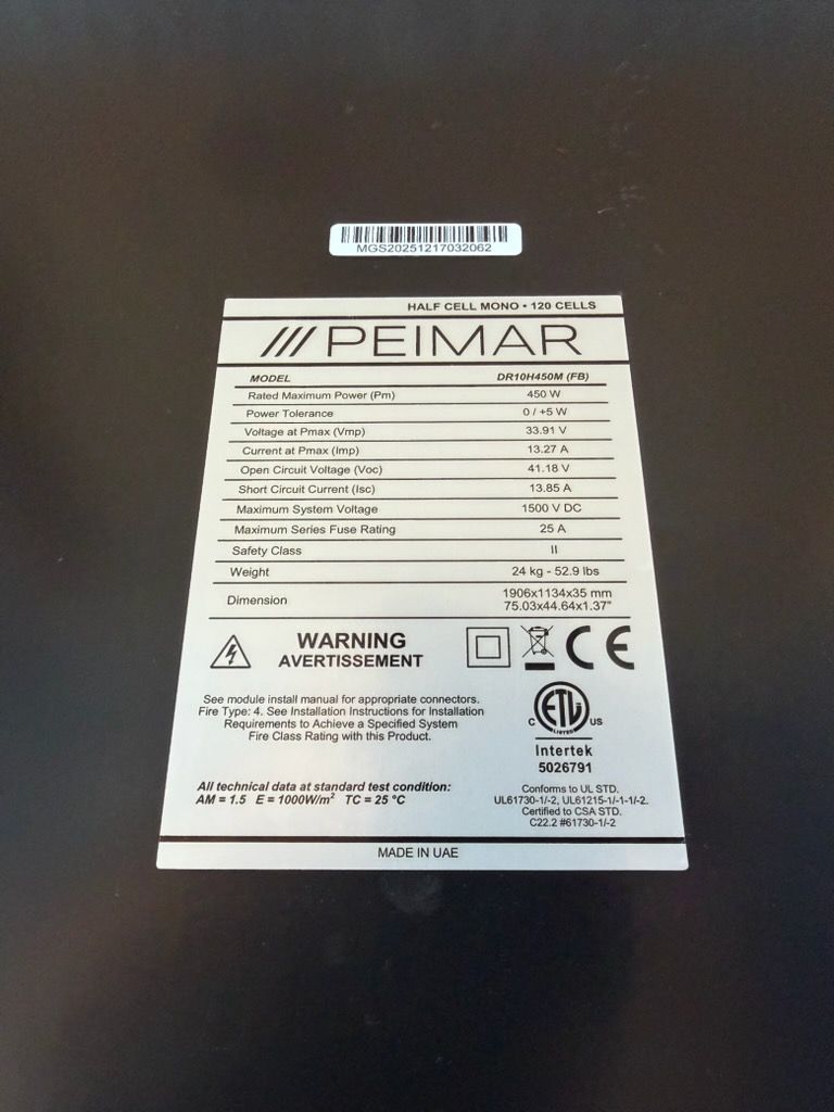 Close-up of a PEMAR product label with specifications and certification marks on a white background