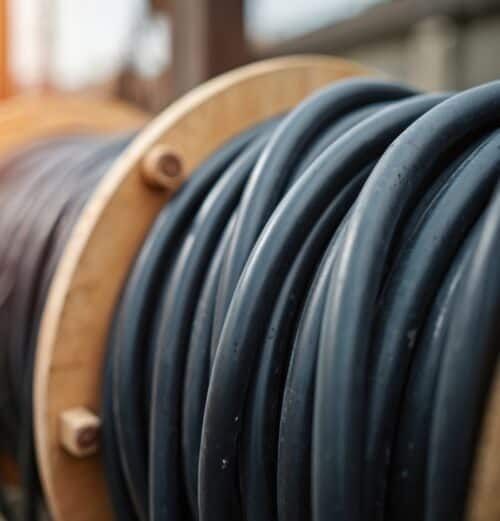 Coiled black cable wound on a wooden reel in close-up